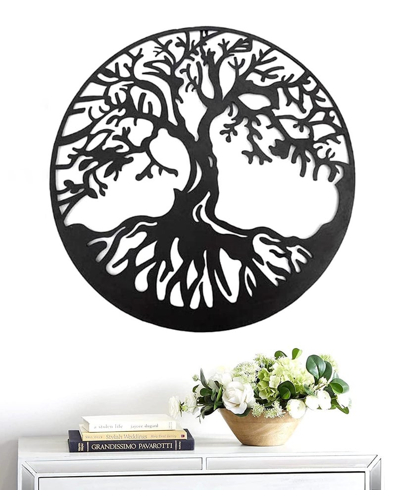 Bellaa 20230 Metal Wall Art Tree Circle Of Life Round Hanging Sculptures Indoor Living Room Outdoor Garden Patio Decor Black 24 inch - Image 2